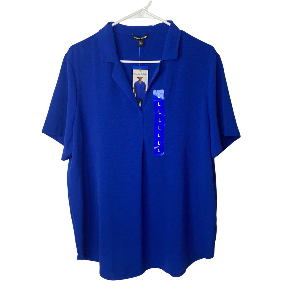 Hilary Radley Royal Blue Short Sleeve V-Neck Blouse Notched Collar Size L NWT